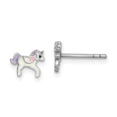 Sterling Silver Rhodium-plated Polished Multi-color Enameled Unicorn Children's Post Earrings