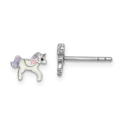 Sterling Silver Rhodium-plated Polished Multi-color Enameled Unicorn Children's Post Earrings