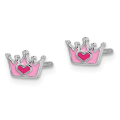 Sterling Silver Rhodium-plated Polished & Pink Enameled Heart Crown Children's Post Earrings