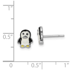 Sterling Silver Rhodium-plated Polished Multi-color Enameled Penguin Children's Post Earrings