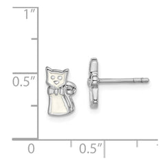 Sterling Silver Rhodium-plated Polished White Enameled Cat Children's Post Earrings