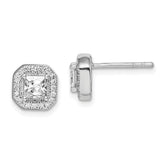 Sterling Silver Rhodium Plated Square Clear Center and Clear CZ Post Earrings