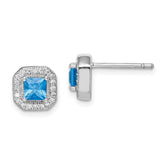 Sterling Silver Rhodium Plated Square Blue and Clear CZ Post Earrings