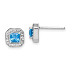 Sterling Silver Rhodium Plated Square Blue and Clear CZ Post Earrings