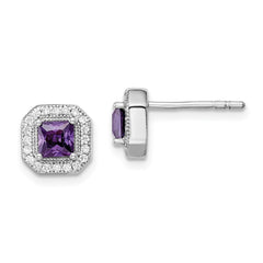 Sterling Silver Rhodium Plated Square Purple CZ and Clear CZ Post Earrings