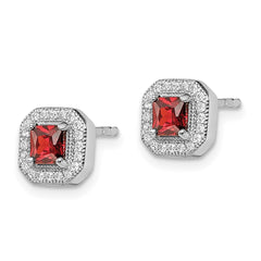 Sterling Silver Rhodium Plated Square Red CZ and Clear CZ Post Earrings - 2