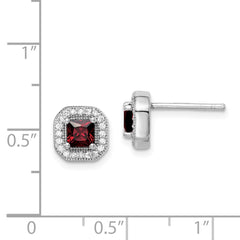 Sterling Silver Rhodium Plated Square Red CZ and Clear CZ Post Earrings - 2
