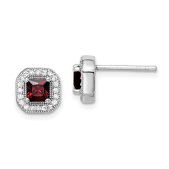 Sterling Silver Rhodium Plated Square Red CZ and Clear CZ Post Earrings - 2