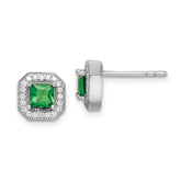 Sterling Silver Rhodium Plated Square Green and Clear CZ Post Earrings