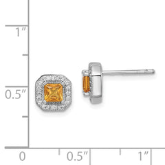 Sterling Silver Rhodium Plated Square Dark Yellow and Clear CZ Post Earrings