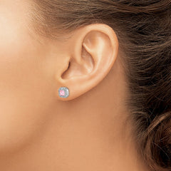 Sterling Silver Rhodium Plated Square Pink CZ and Clear CZ Post Earrings