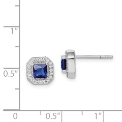 Sterling Silver Rhodium Plated Square Blue and Clear CZ Post Earrings - 2