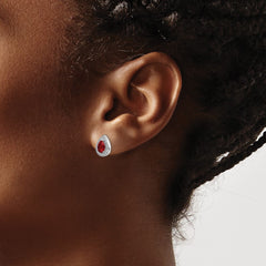 Sterling Silver Rhod Plated Red and Clear CZ Post Earrings