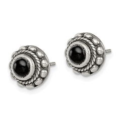 Sterling Silver Polished & Antiqued Textured Onyx Round Post Earrings