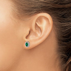Sterling Silver Rhod-plat Created Emerald Oval Post Earrings