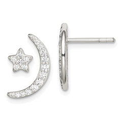 Sterling Silver Polished CZ Moon and Star Post Earrings