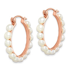 Sterling Silver Rose-tone 18k Flash Gold-plated 4-5mm White Button Freshwater Cultured Pearl Hoop Earrings