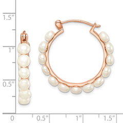 Sterling Silver Rose-tone 18k Flash Gold-plated 4-5mm White Button Freshwater Cultured Pearl Hoop Earrings