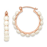 Sterling Silver Rose-tone 18k Flash Gold-plated 4-5mm White Button Freshwater Cultured Pearl Hoop Earrings