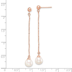 Sterling Silver Rose-tone 18k Flash Gold-plated 7-8mm White Rice Freshwater Cultured Pearl Post Dangle Earrings