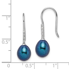 Sterling Silver Rhodium-plated 7-8mm Black Teardrop Freshwater Cultured Pearl and CZ Dangle Earrings