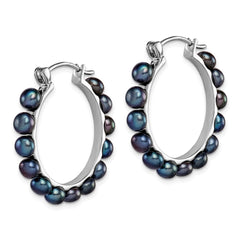Sterling Silver Rhodium-plated 4-5mm Black Button Freshwater Cultured Pearl Hoop Earrings
