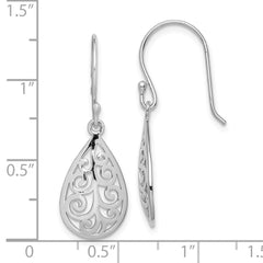 Sterling Silver Rhodium-plated Polished Filigree Teardrop Dangle Earrings