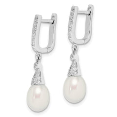Sterling Silver Rhodium-plated 7-8mm White Rice Freshwater Cultured Pearl and CZ Dangle Leverback Earrings