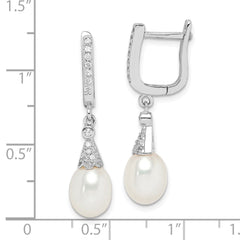 Sterling Silver Rhodium-plated 7-8mm White Rice Freshwater Cultured Pearl and CZ Dangle Leverback Earrings
