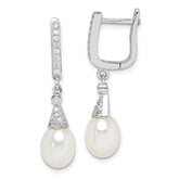 Sterling Silver Rhodium-plated 7-8mm White Rice Freshwater Cultured Pearl and CZ Dangle Leverback Earrings