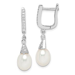 Sterling Silver Rhodium-plated 7-8mm White Rice Freshwater Cultured Pearl and CZ Dangle Leverback Earrings