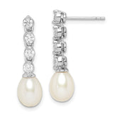 Sterling Silver Rhodium-plated 7-8mm White Rice Freshwater Cultured Pearl and CZ Post Dangle Earrings - 2