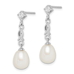 Sterling Silver Rhodium-plated 7-8mm White Rice Freshwater Cultured Pearl and CZ Post Dangle Earrings - 3