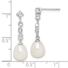 Sterling Silver Rhodium-plated 7-8mm White Rice Freshwater Cultured Pearl and CZ Post Dangle Earrings - 3