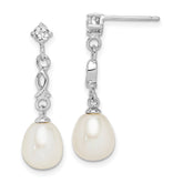 Sterling Silver Rhodium-plated 7-8mm White Rice Freshwater Cultured Pearl and CZ Post Dangle Earrings - 3