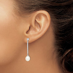 Sterling Silver Rhodium-plated 8-9mm White Rice Freshwater Cultured Pearl and CZ Post Dangle Earrings - 4