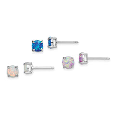 Sterling Silver Rhodium-plated Polished Pink, White & Blue Round 6mm Created Opal 3 Pair Set of Stud Earrings
