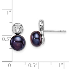Sterling Silver Rhodium-plated 7-8mm Black Button Freshwater Cultured Pearl and CZ Post Earrings