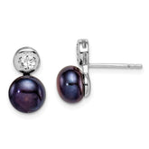 Sterling Silver Rhodium-plated 7-8mm Black Button Freshwater Cultured Pearl and CZ Post Earrings