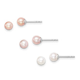 Sterling Silver Madi K Rhodium-plated 4-5mm White, Pink and Purple Round Freshwater Cultured Pearl Set of 3 Earrings