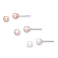 Sterling Silver Madi K Rhodium-plated 4-5mm White, Pink and Purple Round Freshwater Cultured Pearl Set of 3 Earrings