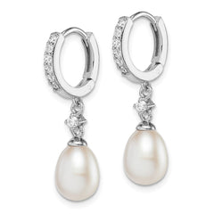 Sterling Silver Rhodium-plated 7-8mm White Freshwater Cultured Pearl and CZ Hoop Dangle Earrings