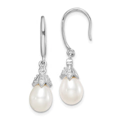 Sterling Silver Rhodium-plated 7-8mm White Teardrop Freshwater Cultured Pearl and CZ Dangle Earrings - 6