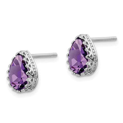 Sterling Silver Rhodium-plated 10mm Polished Pear Amethyst Post Earrings