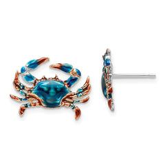 De-Ani Sterling Silver Rhodium-Plated Polished Enameled Blue Crab Post Earrings