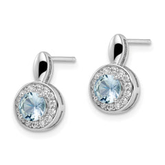 Sterling Silver Rhodium-plated CZ Light Blue Glass Stone Dangle Post Earrin