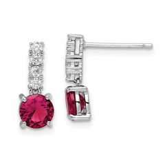 Sterling Silver Rhodium-plated Created Ruby and CZ Post Dangle Earrings - 2