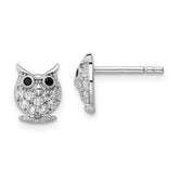 Sterling Silver Rhodium-plated Black & White CZ Owl Post Earrings