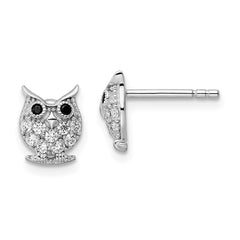 Sterling Silver Rhodium-plated Black & White CZ Owl Post Earrings