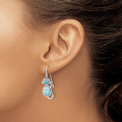 Sterling Silver Rhodium-plated Polished Larimar Cat Dangle Earrings